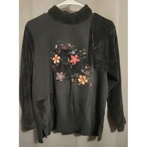 Erika Velour Black Knit Patchwork Long Sleeve Top Flower Embroidered PM Petite M